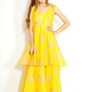 VINTAGE 70s Dress Yellow Orange Polka Dots Empire Maxi Prairie Prom X-Small